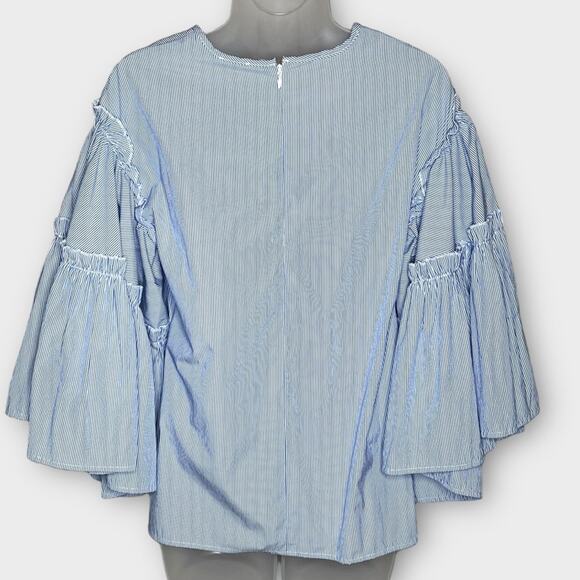 ANTHROPOLOGIE dRa striped ruffle Flare Sleeve blouse top blue white stripe Sz S - Picture 4 of 6